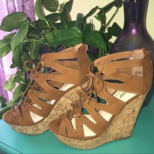 Bamboo Brown Suede Lace-up Wedges
